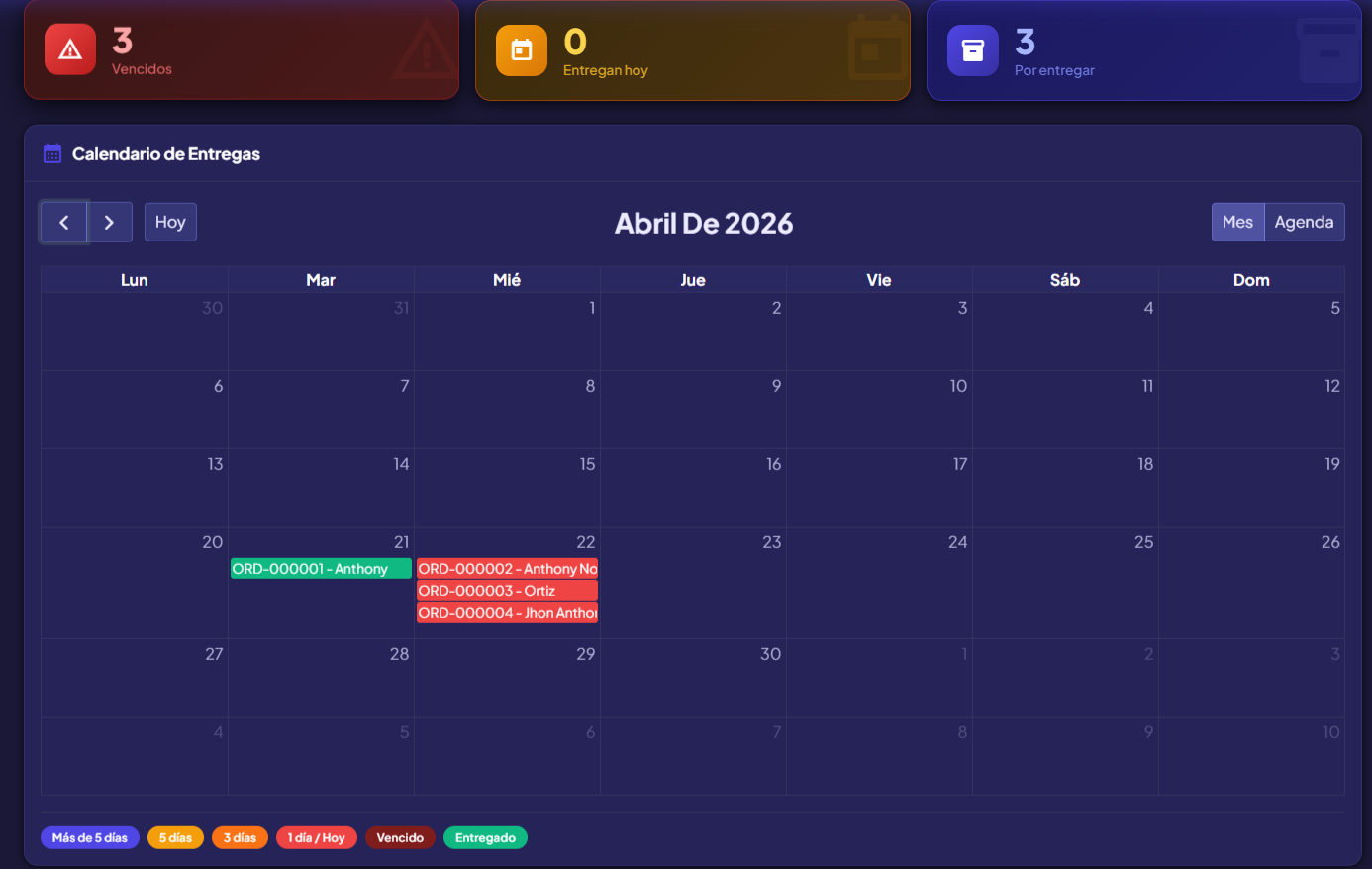 Dashboard principal de Delivery Planner — vista de pedidos y calendario