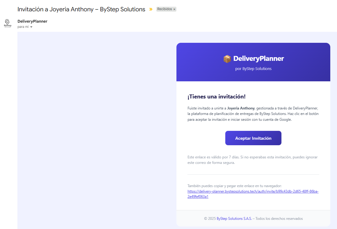 Vista Invitar en Delivery Planner